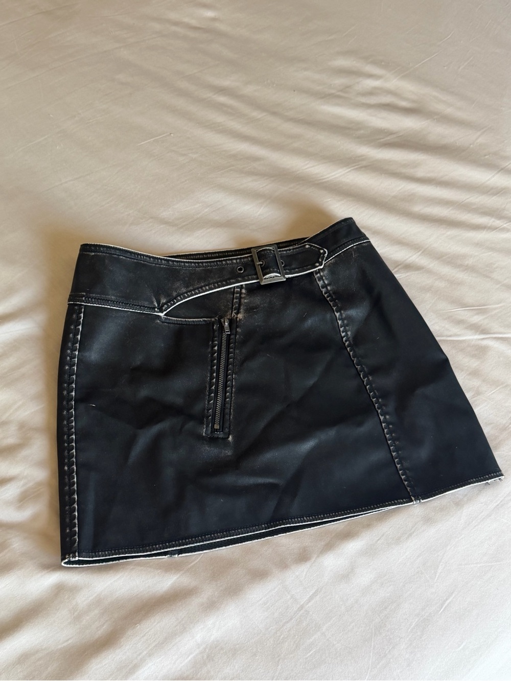 Black Faux Leather Belted Mini Skirt Y2K